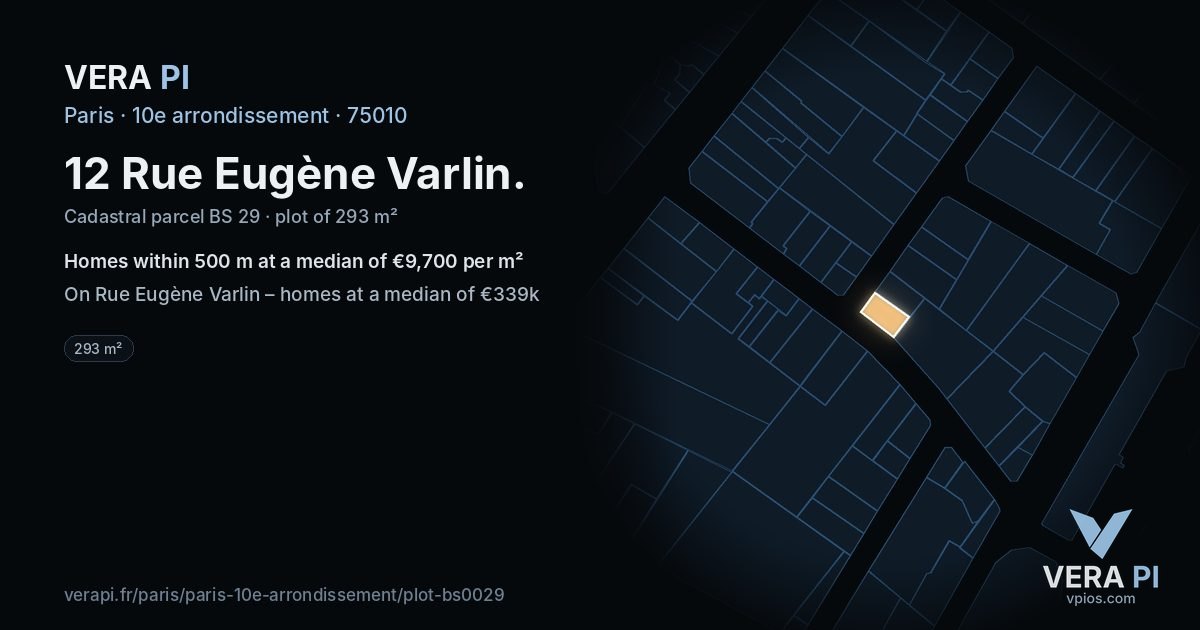12 Rue Eugène Varlin, 10e arrondissement at night – the plot lit, the parcels around coloured by the prices near them