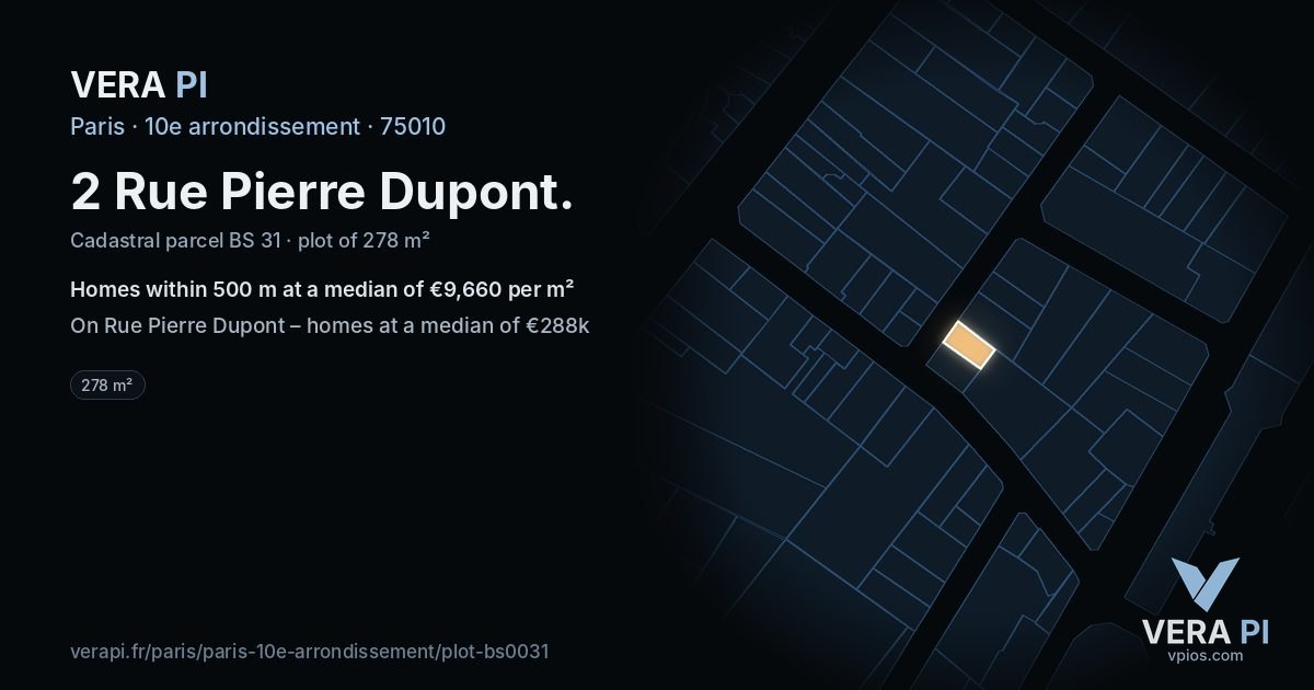 2 Rue Pierre Dupont, 10e arrondissement at night – the plot lit, the parcels around coloured by the prices near them