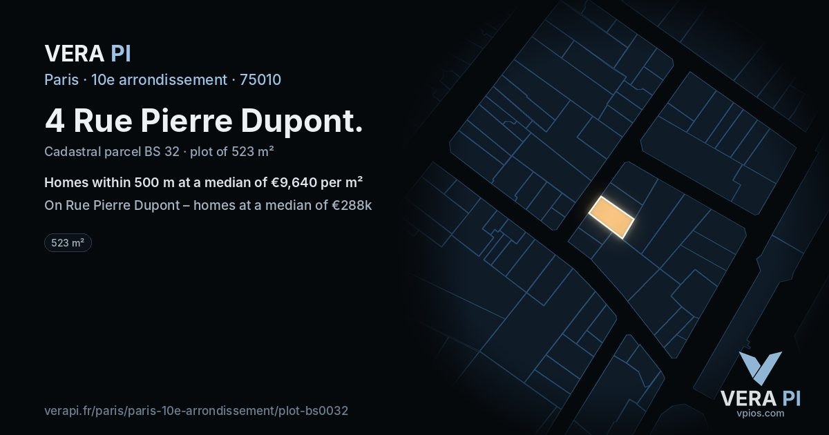4 Rue Pierre Dupont, 10e arrondissement at night – the plot lit, the parcels around coloured by the prices near them