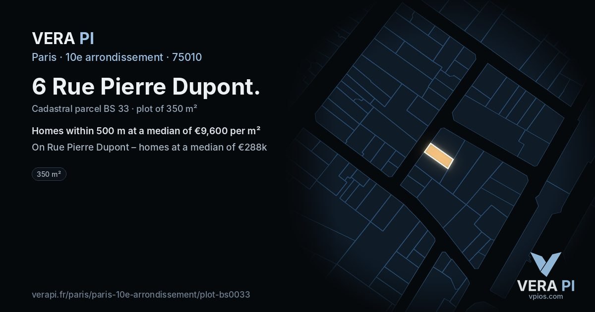 6 Rue Pierre Dupont, 10e arrondissement at night – the plot lit, the parcels around coloured by the prices near them