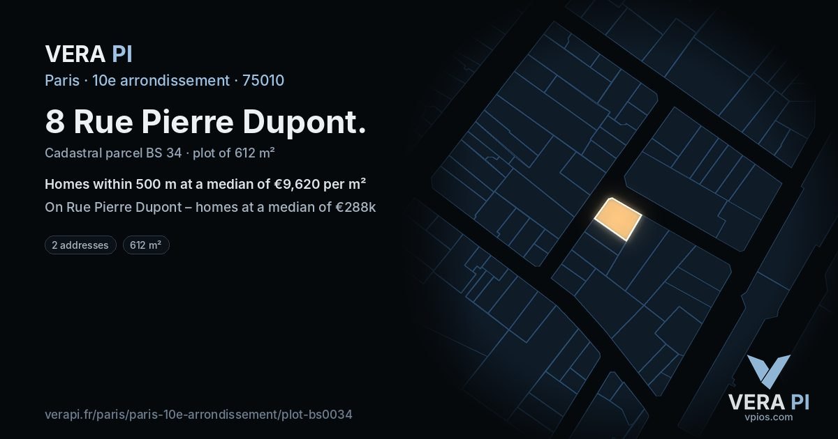 8 Rue Pierre Dupont, 10e arrondissement at night – the plot lit, the parcels around coloured by the prices near them