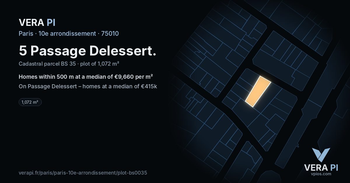 5 Passage Delessert, 10e arrondissement at night – the plot lit, the parcels around coloured by the prices near them