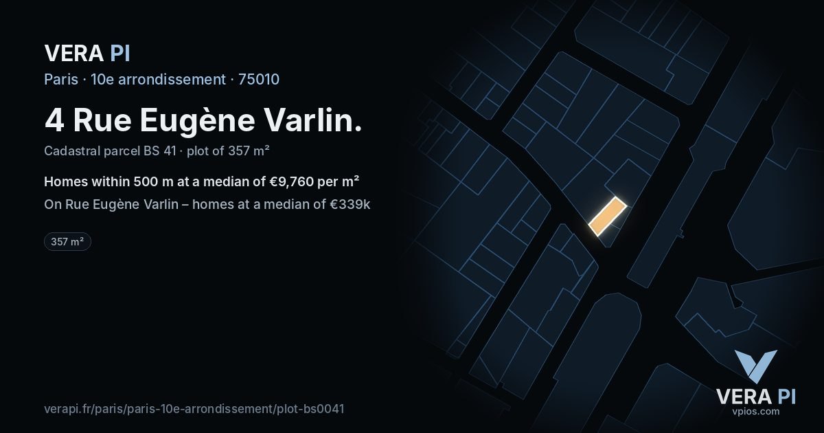4 Rue Eugène Varlin, 10e arrondissement at night – the plot lit, the parcels around coloured by the prices near them