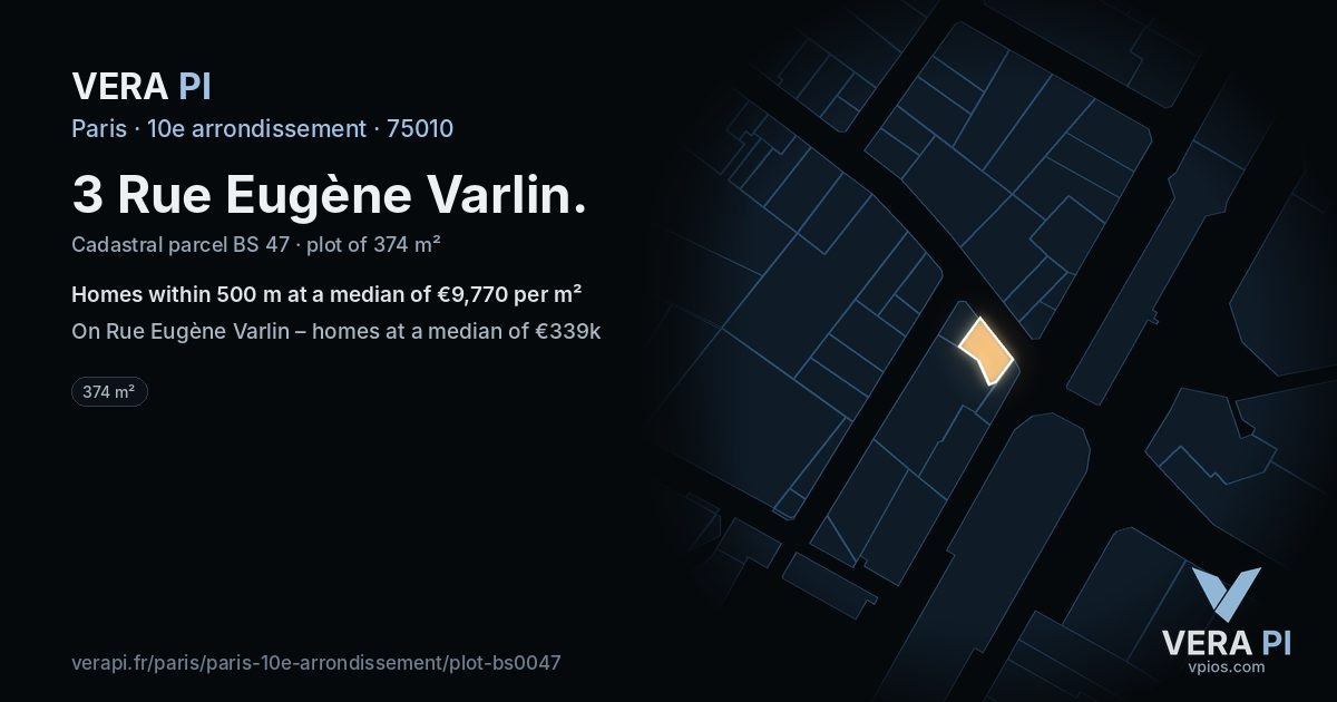 3 Rue Eugène Varlin, 10e arrondissement at night – the plot lit, the parcels around coloured by the prices near them