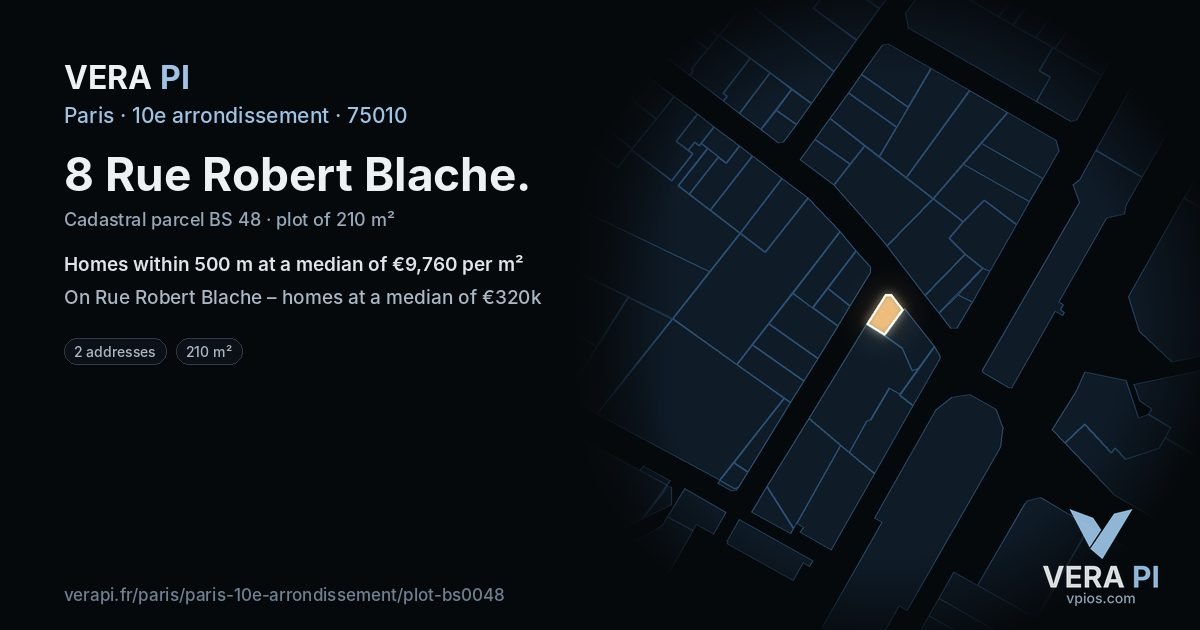 8 Rue Robert Blache, 10e arrondissement at night – the plot lit, the parcels around coloured by the prices near them