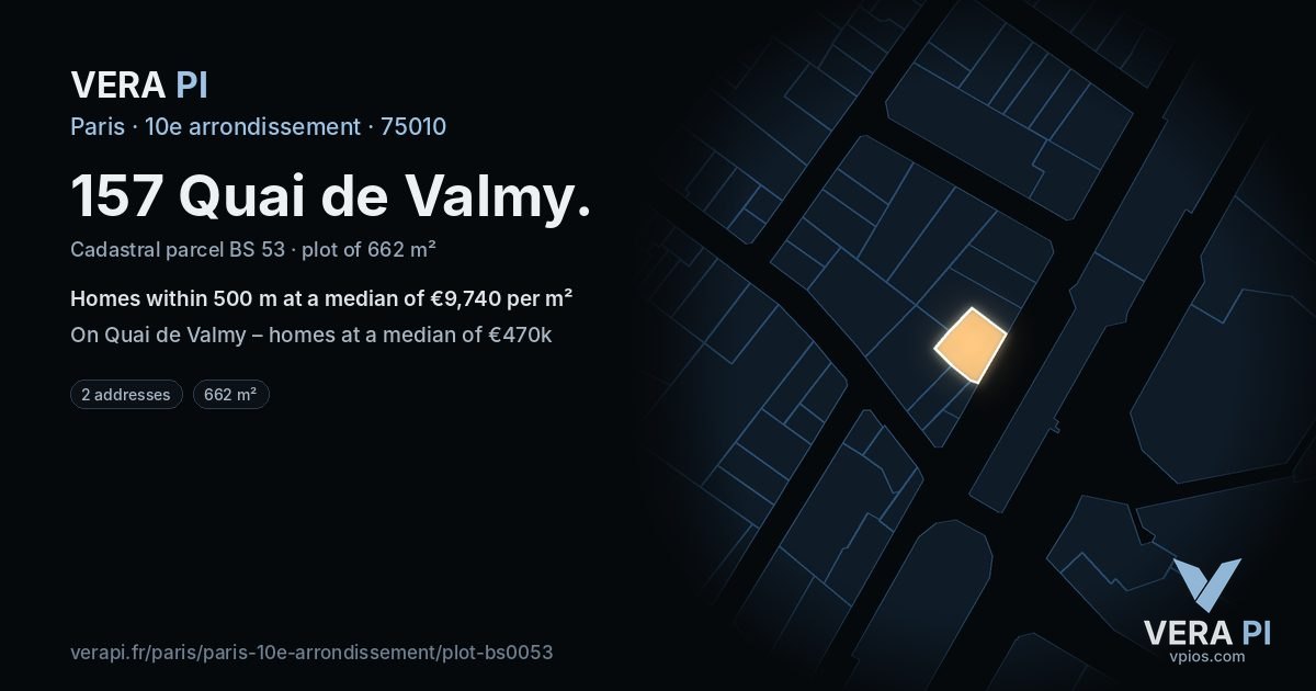 157 Quai de Valmy, 10e arrondissement at night – the plot lit, the parcels around coloured by the prices near them
