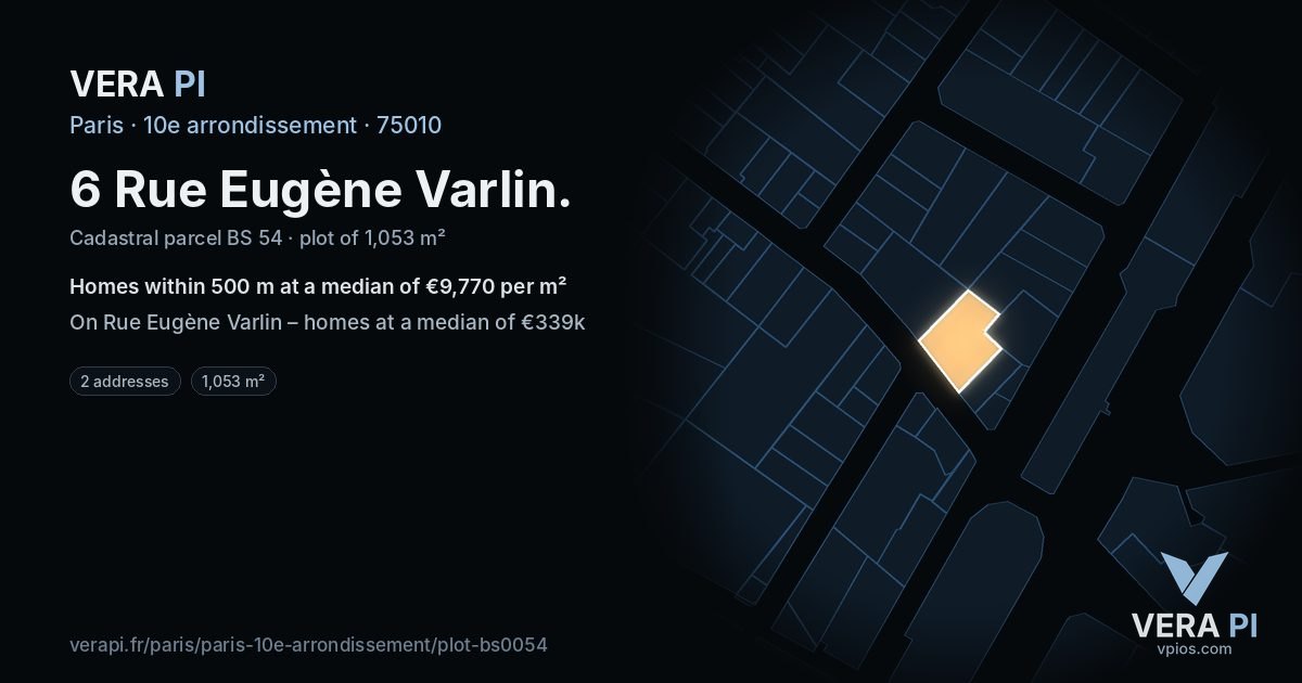 6 Rue Eugène Varlin, 10e arrondissement at night – the plot lit, the parcels around coloured by the prices near them