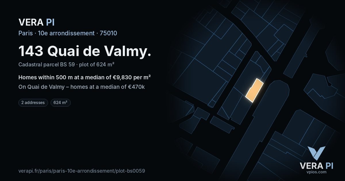 143 Quai de Valmy, 10e arrondissement at night – the plot lit, the parcels around coloured by the prices near them