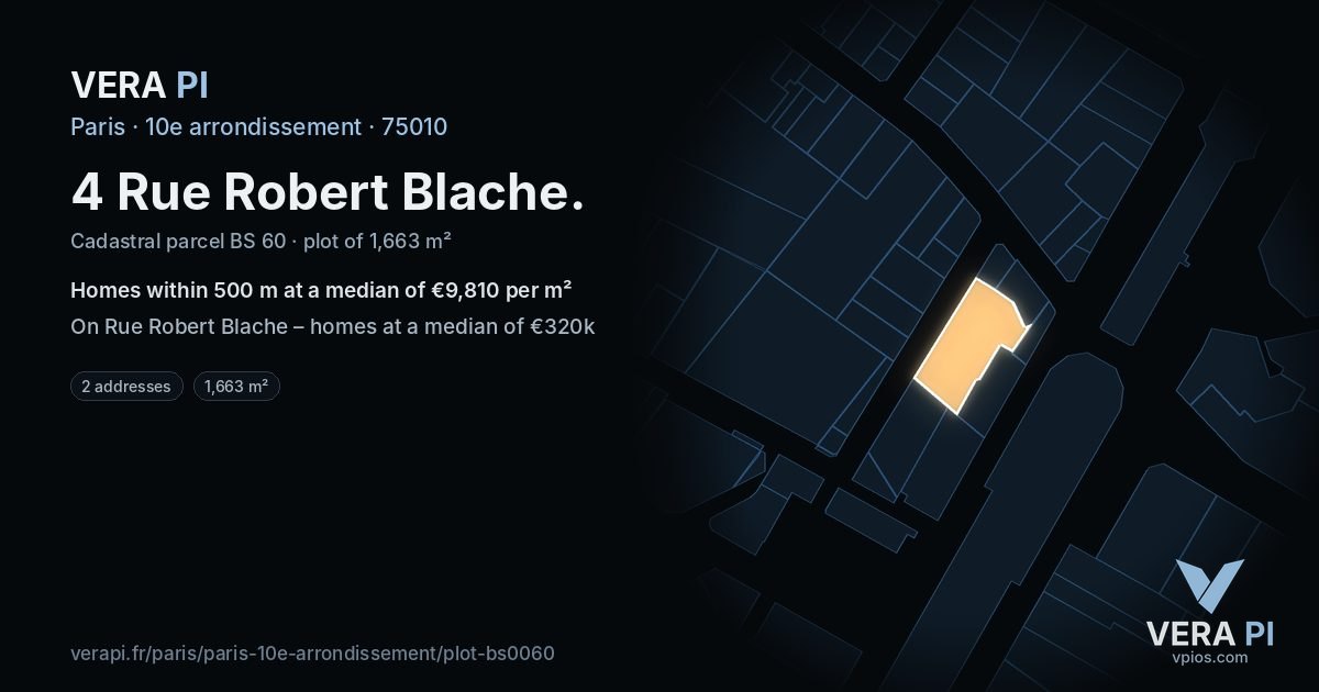 4 Rue Robert Blache, 10e arrondissement at night – the plot lit, the parcels around coloured by the prices near them