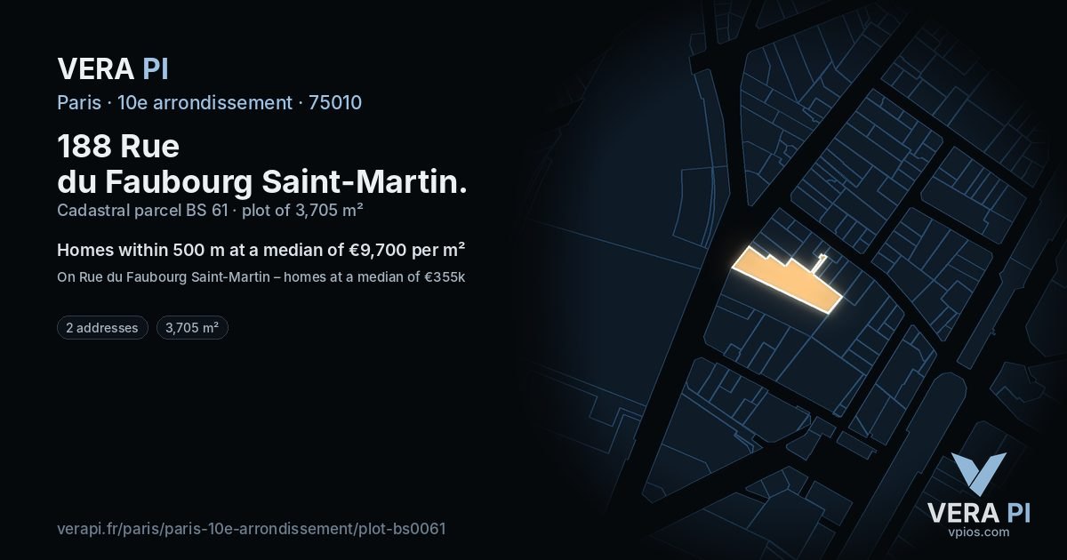 188 Rue du Faubourg Saint-Martin, 10e arrondissement at night – the plot lit, the parcels around coloured by the prices near them