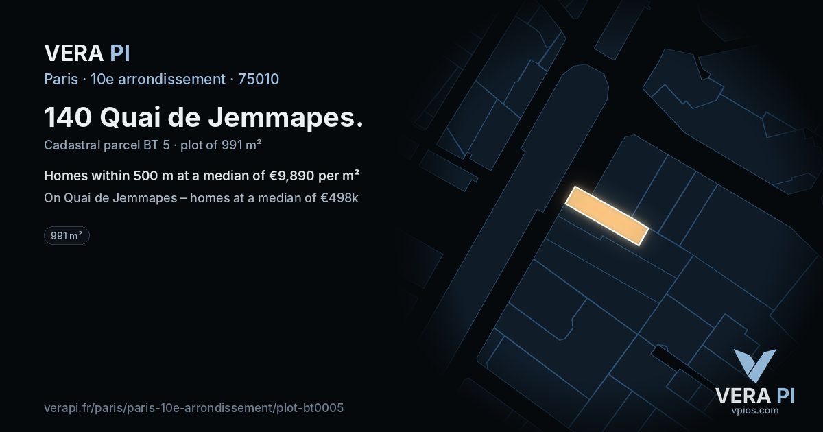 140 Quai de Jemmapes, 10e arrondissement at night – the plot lit, the parcels around coloured by the prices near them