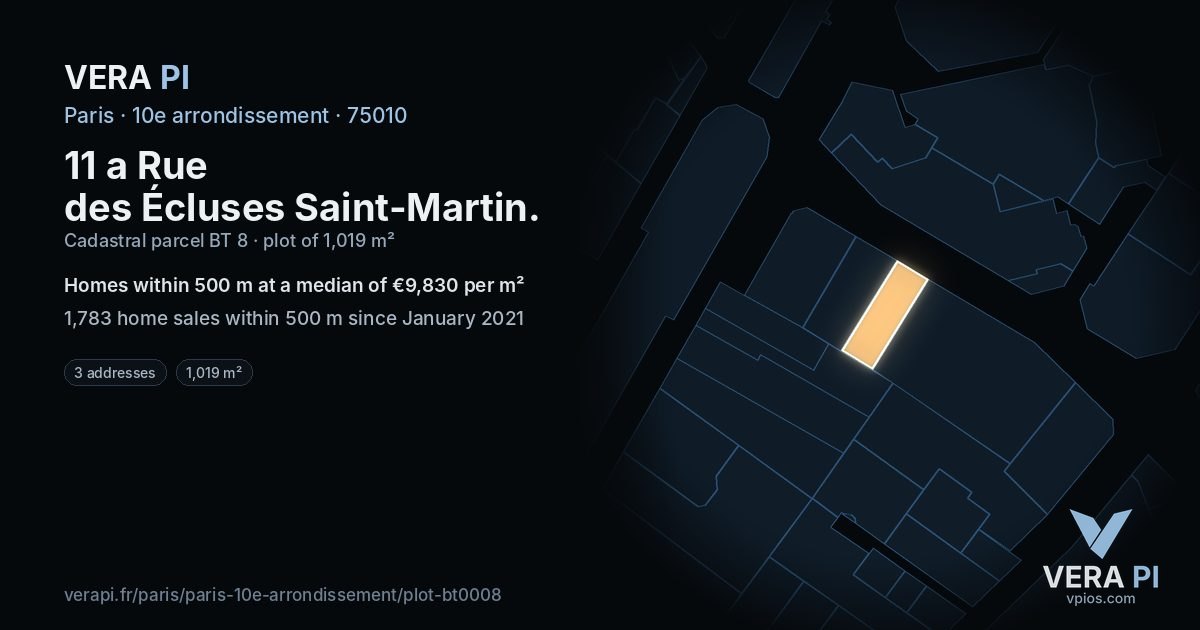 11 a Rue des Écluses Saint-Martin, 10e arrondissement at night – the plot lit, the parcels around coloured by the prices near them