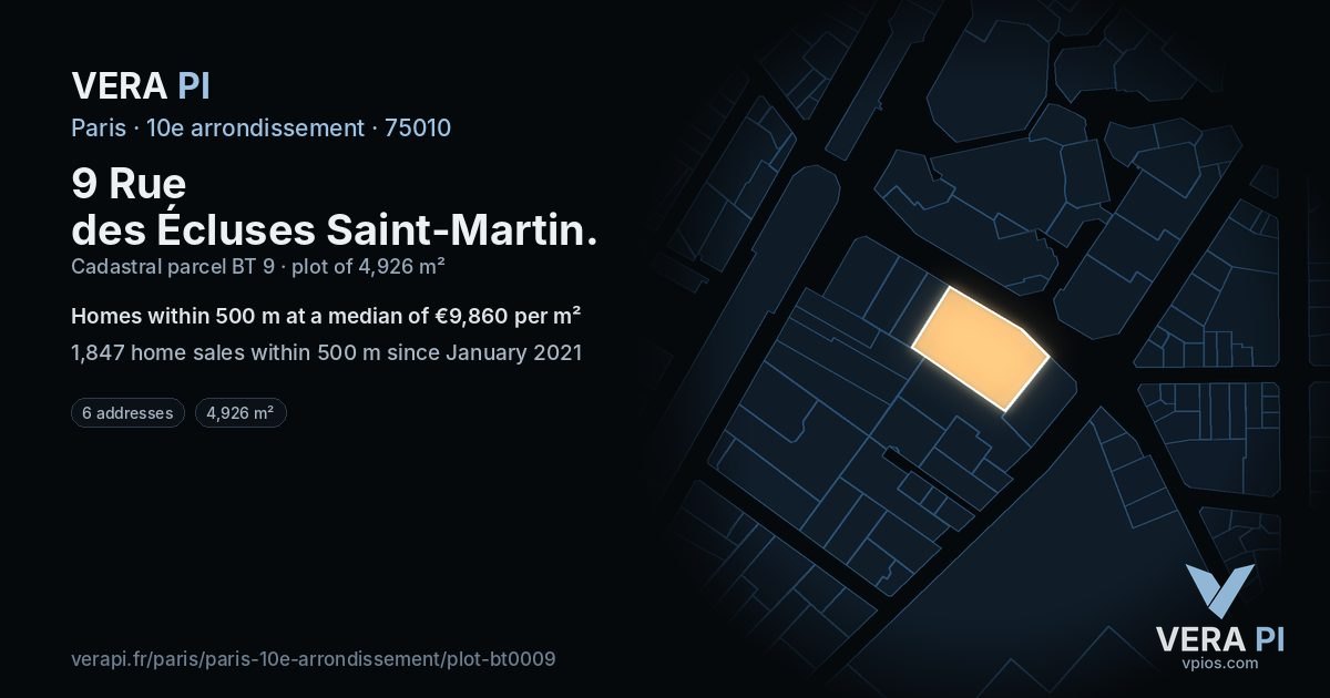 9 Rue des Écluses Saint-Martin, 10e arrondissement at night – the plot lit, the parcels around coloured by the prices near them