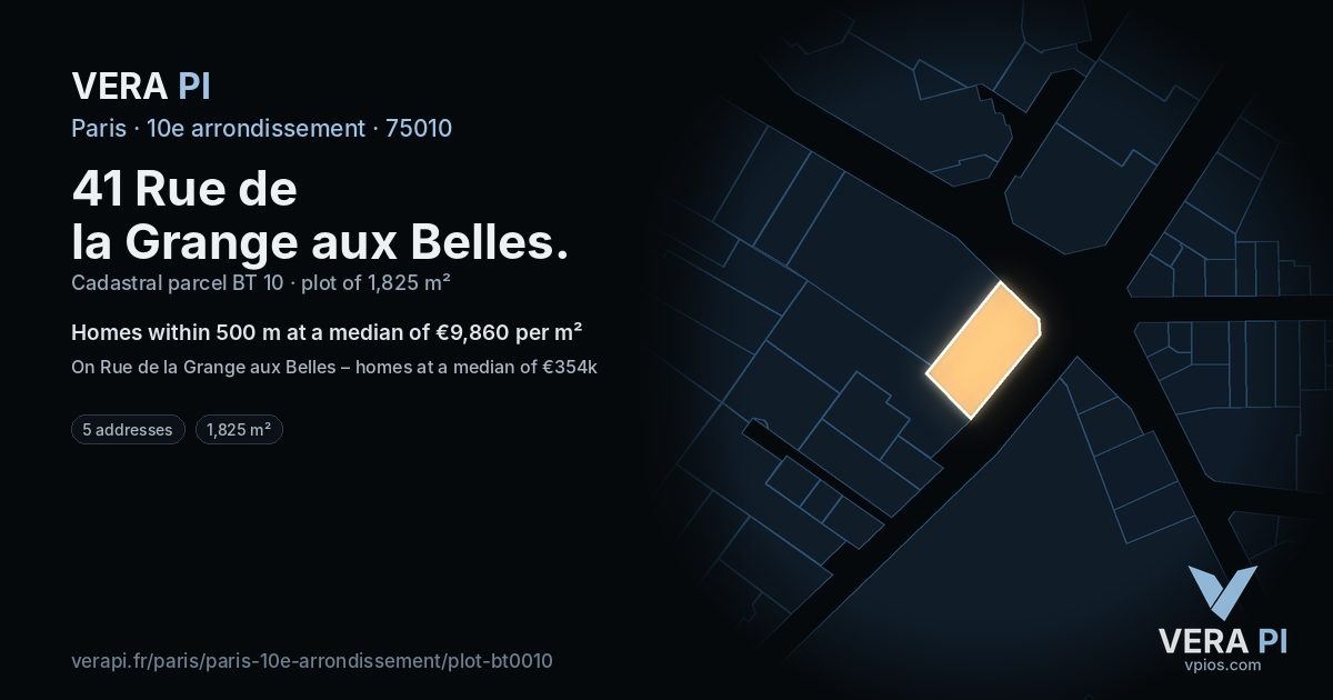 41 Rue de la Grange aux Belles, 10e arrondissement at night – the plot lit, the parcels around coloured by the prices near them