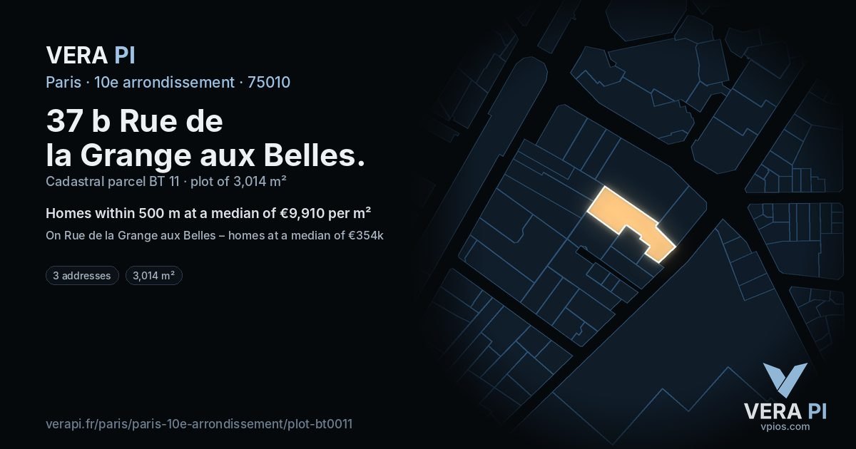 37 b Rue de la Grange aux Belles, 10e arrondissement at night – the plot lit, the parcels around coloured by the prices near them