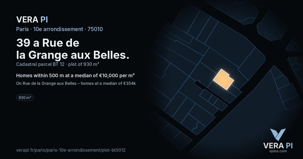 39 a Rue de la Grange aux Belles, 10e arrondissement at night – the plot lit, the parcels around coloured by the prices near them