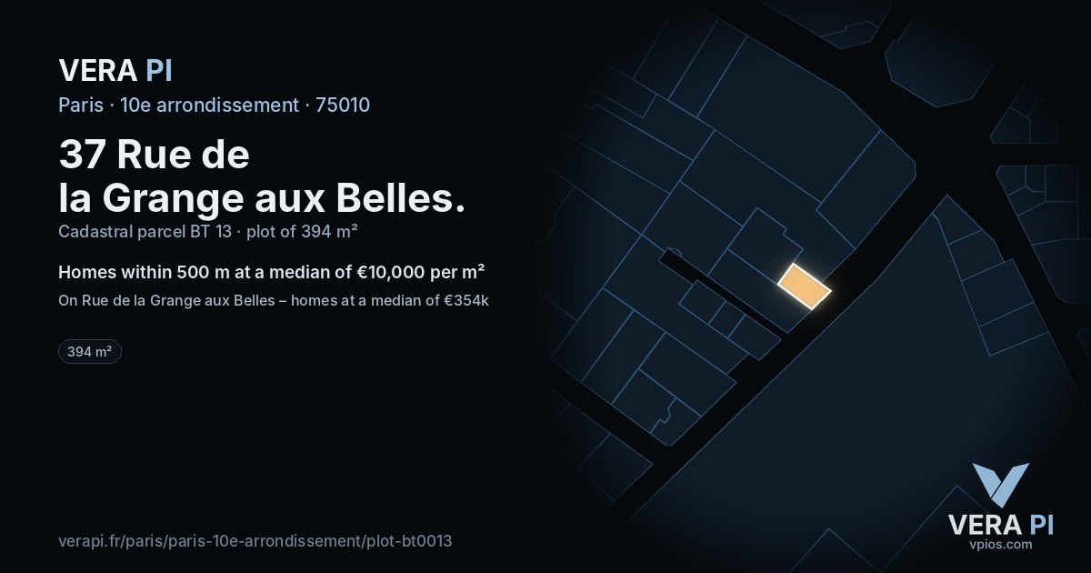 37 Rue de la Grange aux Belles, 10e arrondissement at night – the plot lit, the parcels around coloured by the prices near them