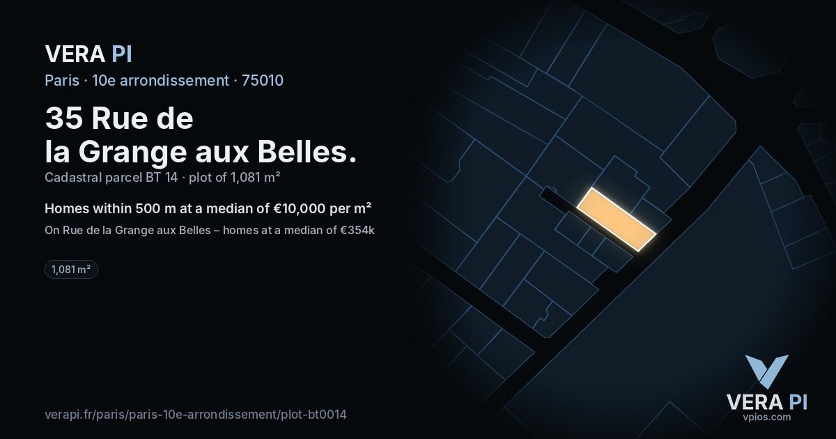 35 Rue de la Grange aux Belles, 10e arrondissement at night – the plot lit, the parcels around coloured by the prices near them
