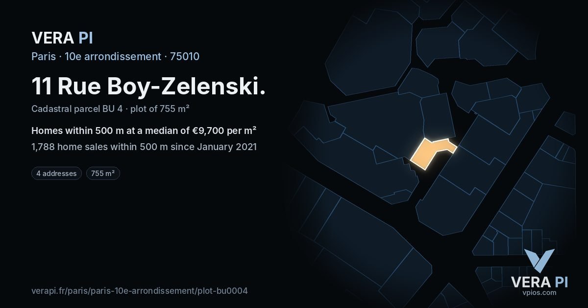 11 Rue Boy-Zelenski, 10e arrondissement at night – the plot lit, the parcels around coloured by the prices near them