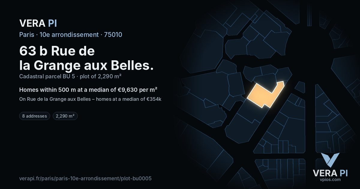 63 b Rue de la Grange aux Belles, 10e arrondissement at night – the plot lit, the parcels around coloured by the prices near them
