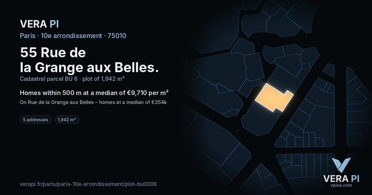 55 Rue de la Grange aux Belles, 10e arrondissement at night – the plot lit, the parcels around coloured by the prices near them