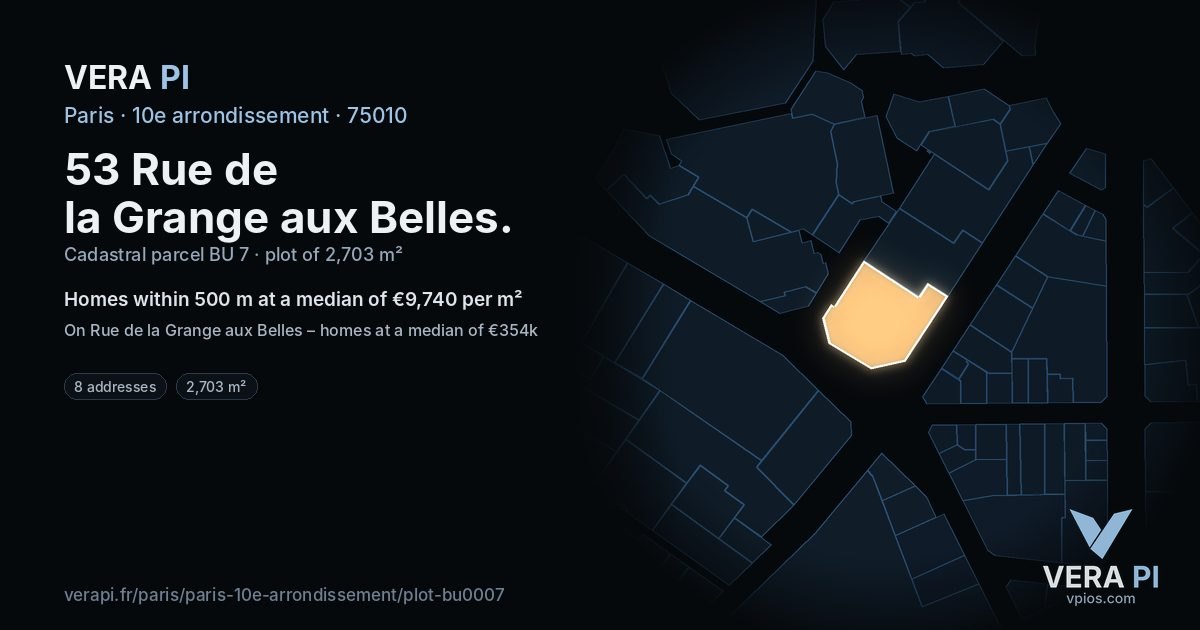 53 Rue de la Grange aux Belles, 10e arrondissement at night – the plot lit, the parcels around coloured by the prices near them