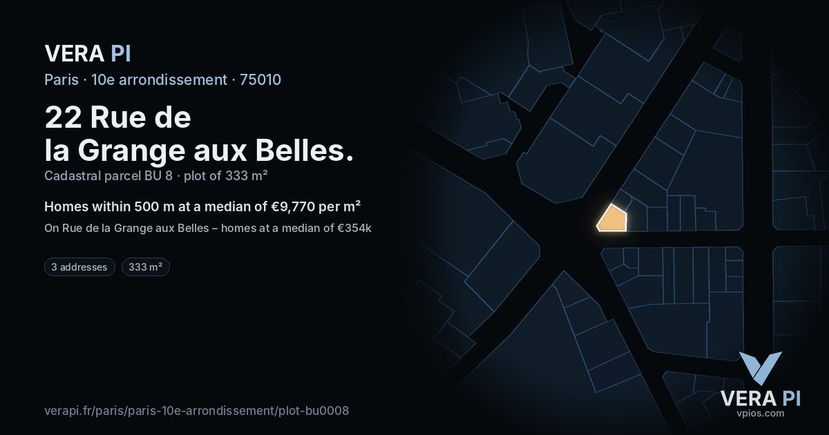 22 Rue de la Grange aux Belles, 10e arrondissement at night – the plot lit, the parcels around coloured by the prices near them