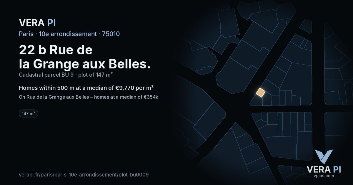 22 b Rue de la Grange aux Belles, 10e arrondissement at night – the plot lit, the parcels around coloured by the prices near them