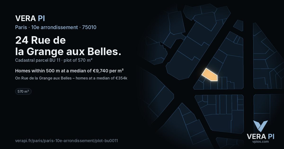 24 Rue de la Grange aux Belles, 10e arrondissement at night – the plot lit, the parcels around coloured by the prices near them