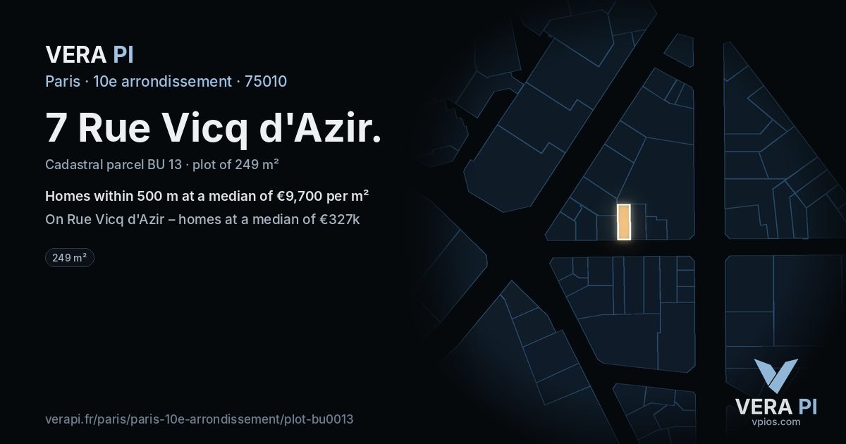7 Rue Vicq d'Azir, 10e arrondissement at night – the plot lit, the parcels around coloured by the prices near them