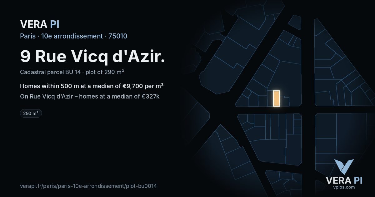 9 Rue Vicq d'Azir, 10e arrondissement at night – the plot lit, the parcels around coloured by the prices near them