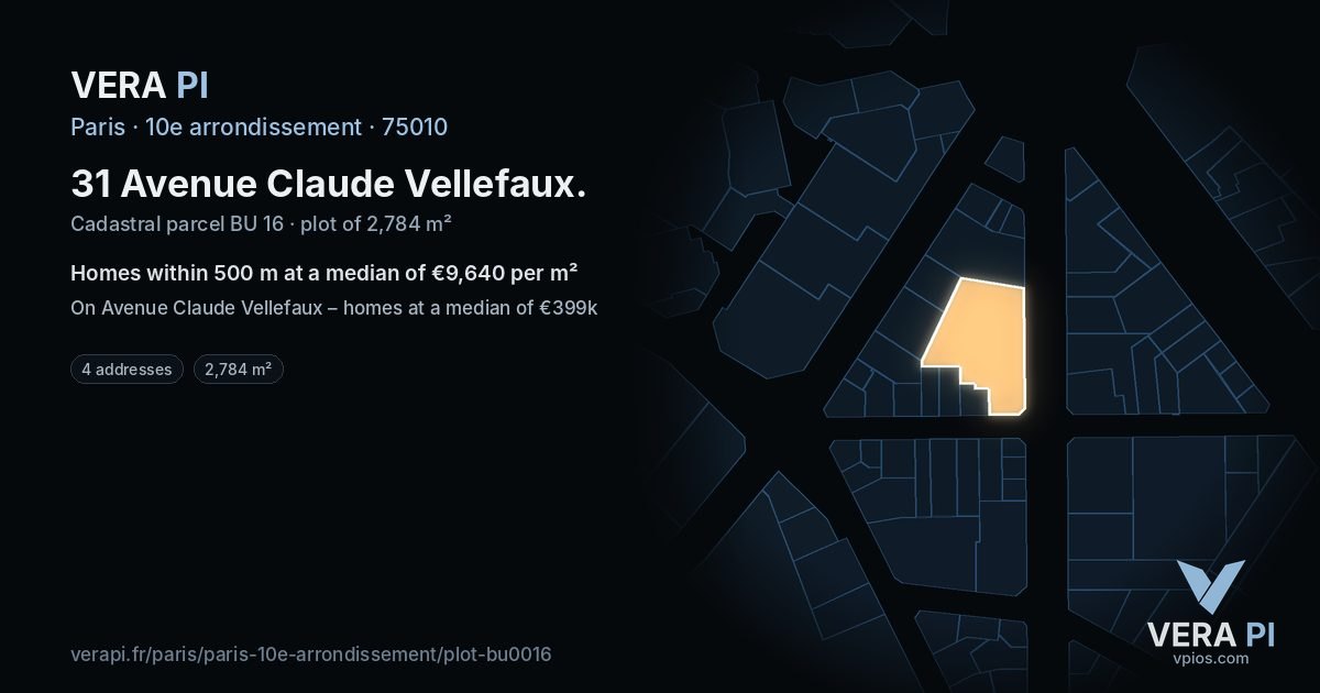 31 Avenue Claude Vellefaux, 10e arrondissement at night – the plot lit, the parcels around coloured by the prices near them