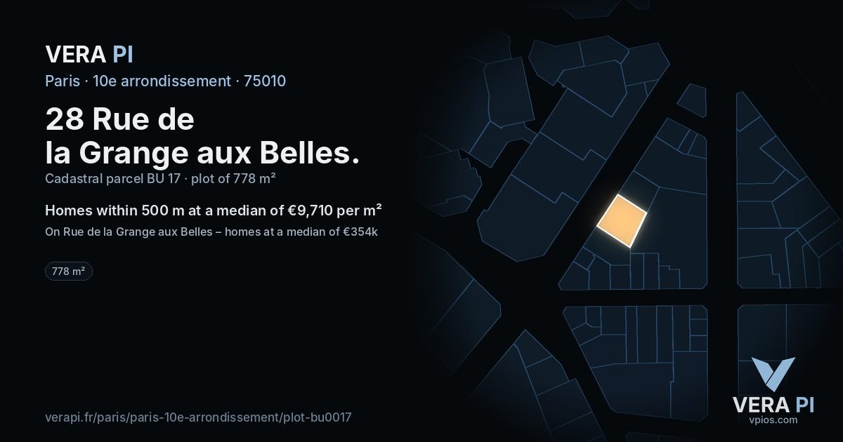 28 Rue de la Grange aux Belles, 10e arrondissement at night – the plot lit, the parcels around coloured by the prices near them