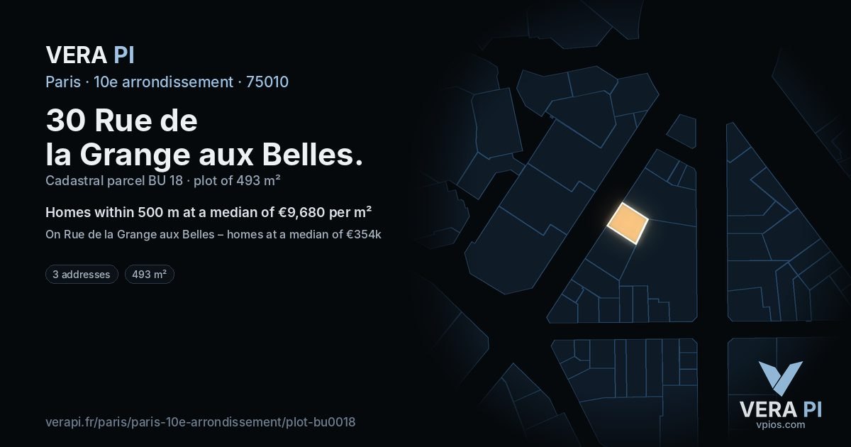 30 Rue de la Grange aux Belles, 10e arrondissement at night – the plot lit, the parcels around coloured by the prices near them