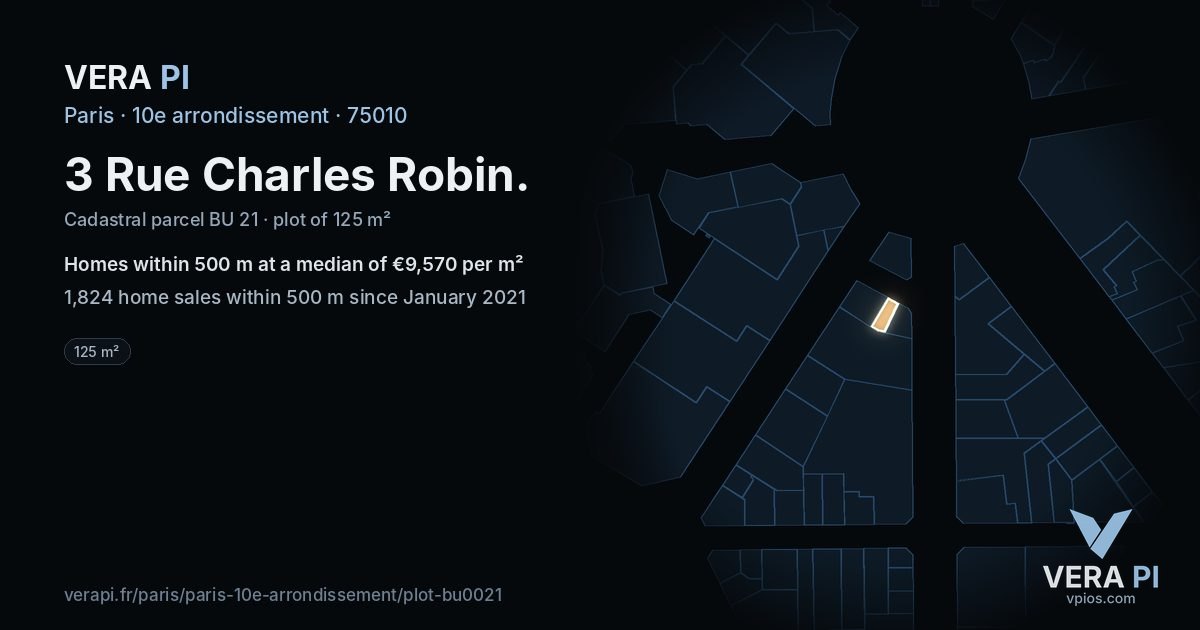 3 Rue Charles Robin, 10e arrondissement at night – the plot lit, the parcels around coloured by the prices near them
