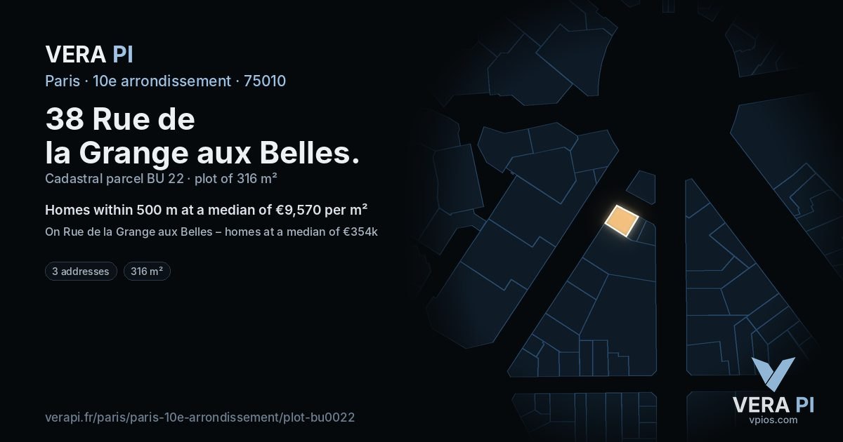 38 Rue de la Grange aux Belles, 10e arrondissement at night – the plot lit, the parcels around coloured by the prices near them