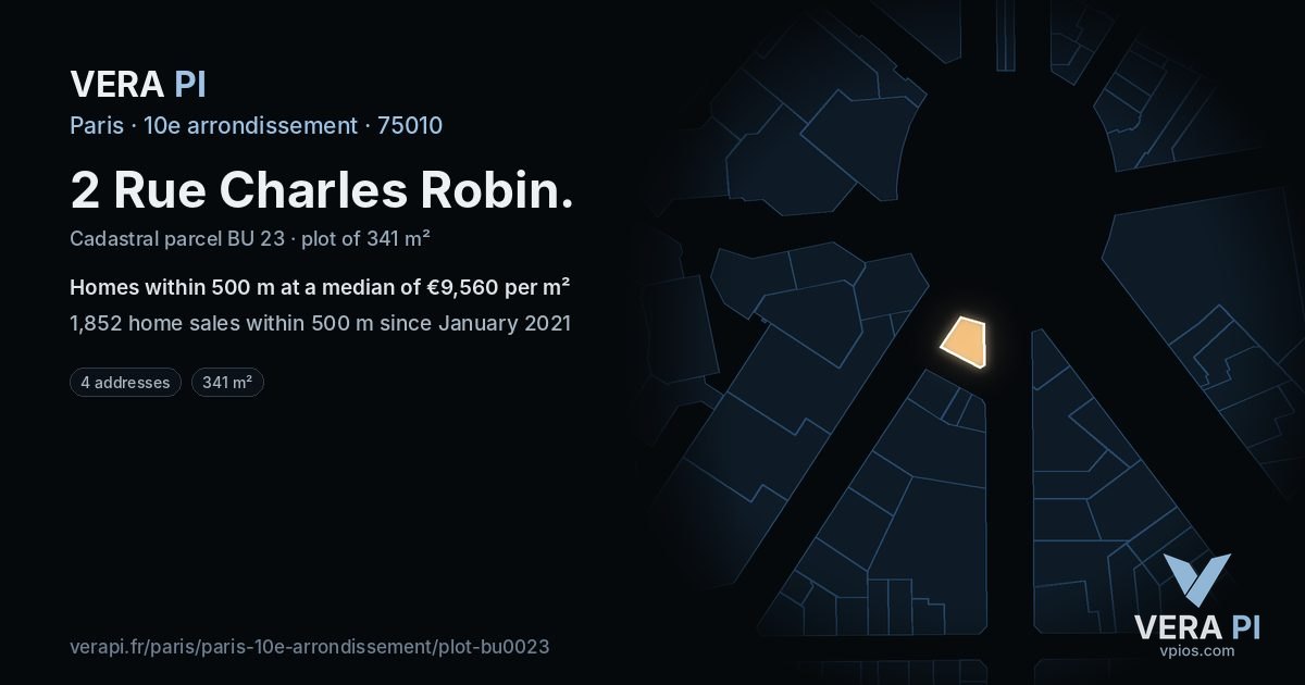 2 Rue Charles Robin, 10e arrondissement at night – the plot lit, the parcels around coloured by the prices near them