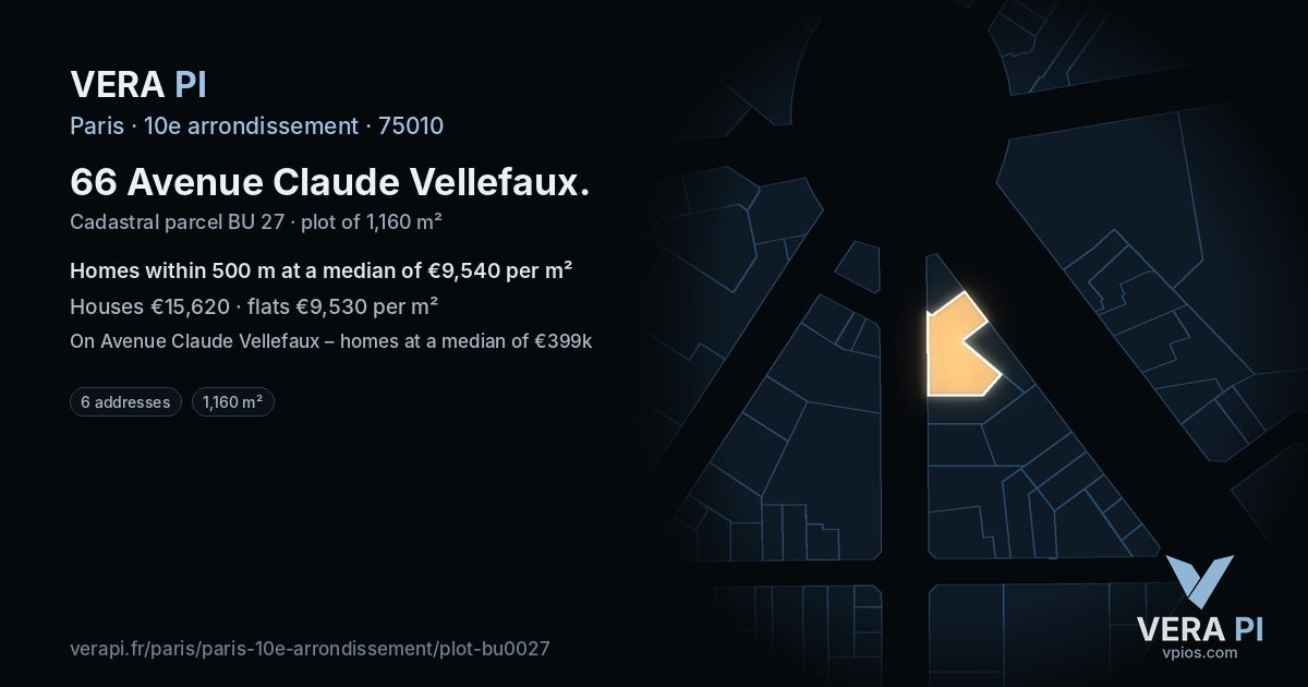 66 Avenue Claude Vellefaux, 10e arrondissement at night – the plot lit, the parcels around coloured by the prices near them