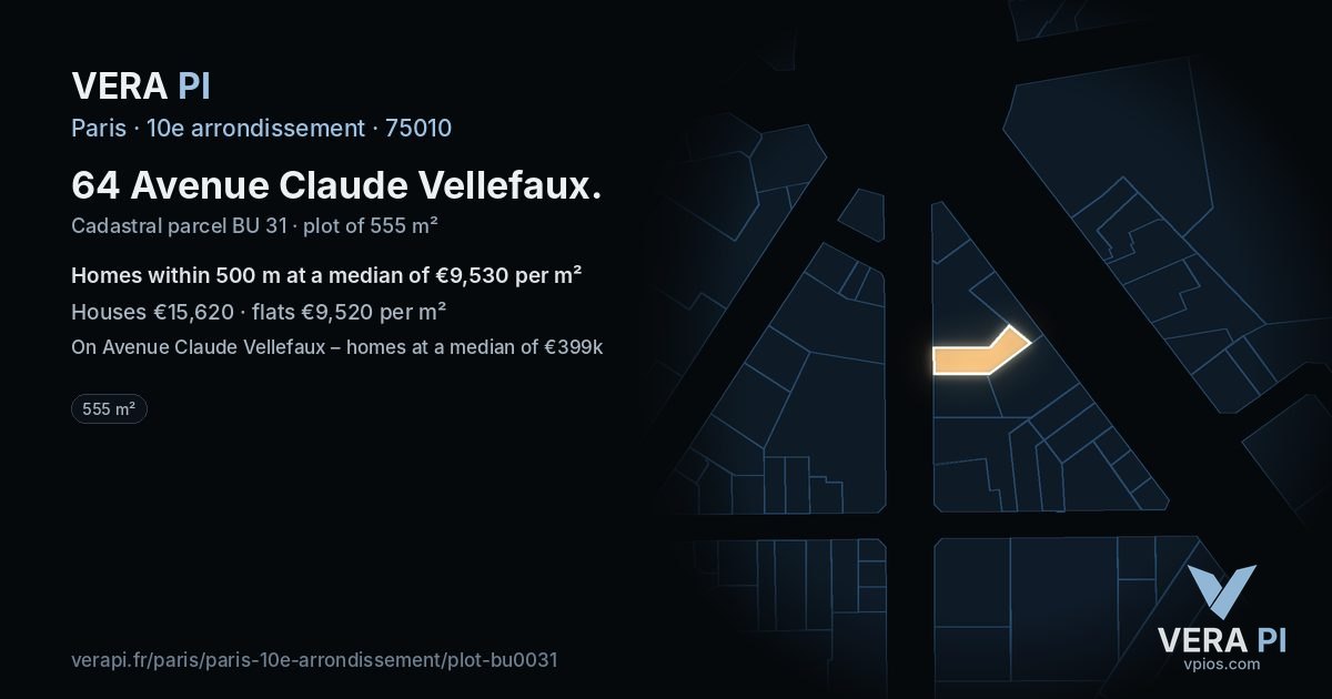 64 Avenue Claude Vellefaux, 10e arrondissement at night – the plot lit, the parcels around coloured by the prices near them