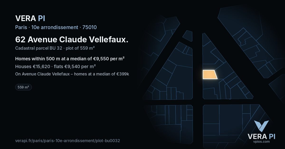62 Avenue Claude Vellefaux, 10e arrondissement at night – the plot lit, the parcels around coloured by the prices near them