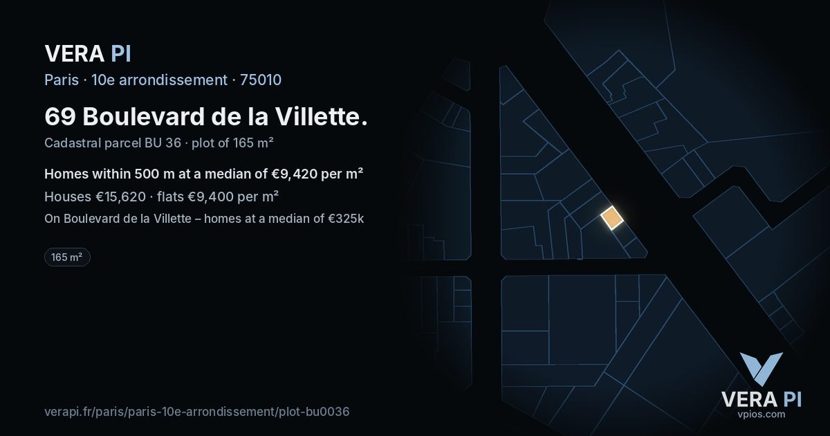69 Boulevard de la Villette, 10e arrondissement at night – the plot lit, the parcels around coloured by the prices near them