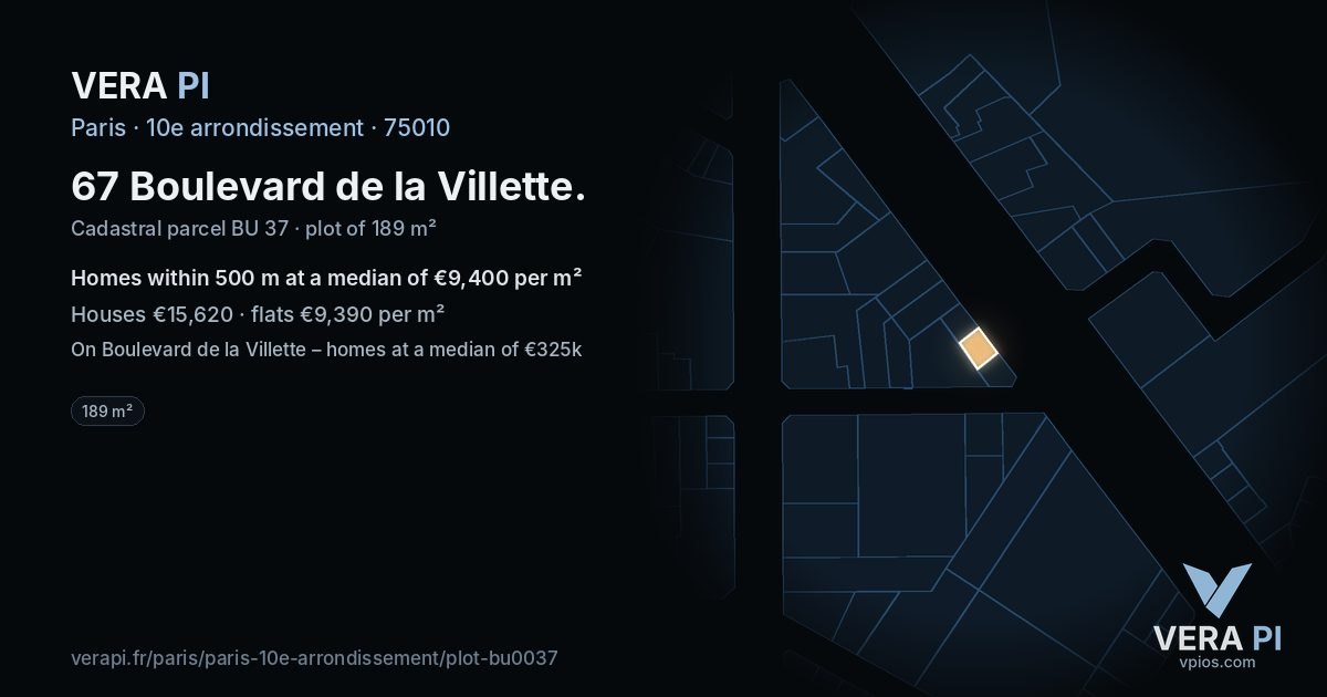 67 Boulevard de la Villette, 10e arrondissement at night – the plot lit, the parcels around coloured by the prices near them