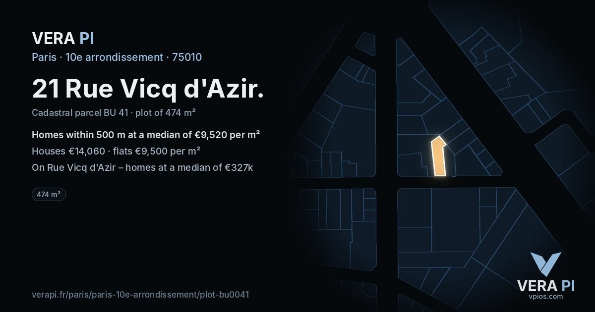 21 Rue Vicq d'Azir, 10e arrondissement at night – the plot lit, the parcels around coloured by the prices near them