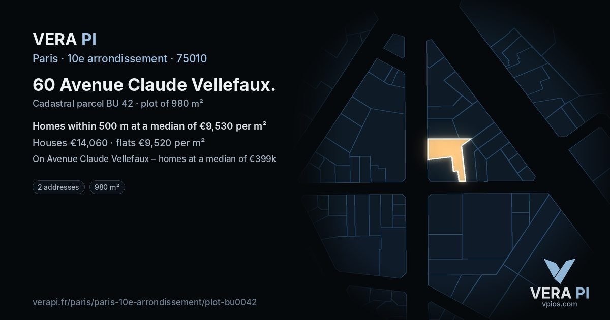 60 Avenue Claude Vellefaux, 10e arrondissement at night – the plot lit, the parcels around coloured by the prices near them