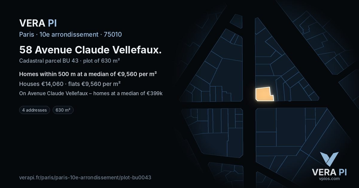 58 Avenue Claude Vellefaux, 10e arrondissement at night – the plot lit, the parcels around coloured by the prices near them