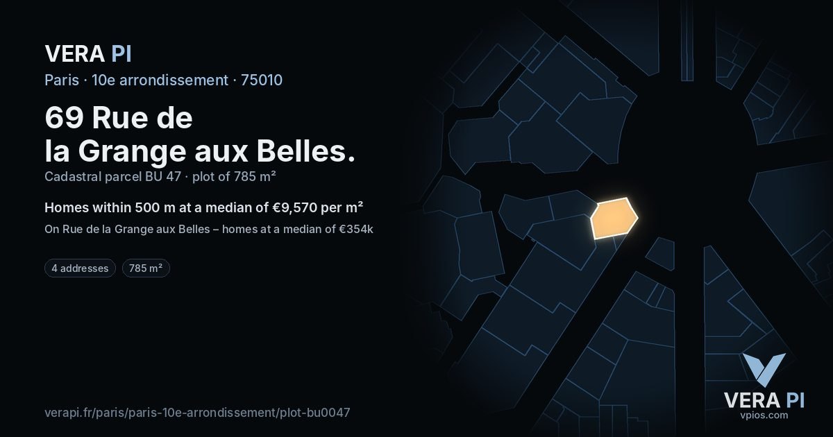 69 Rue de la Grange aux Belles, 10e arrondissement at night – the plot lit, the parcels around coloured by the prices near them