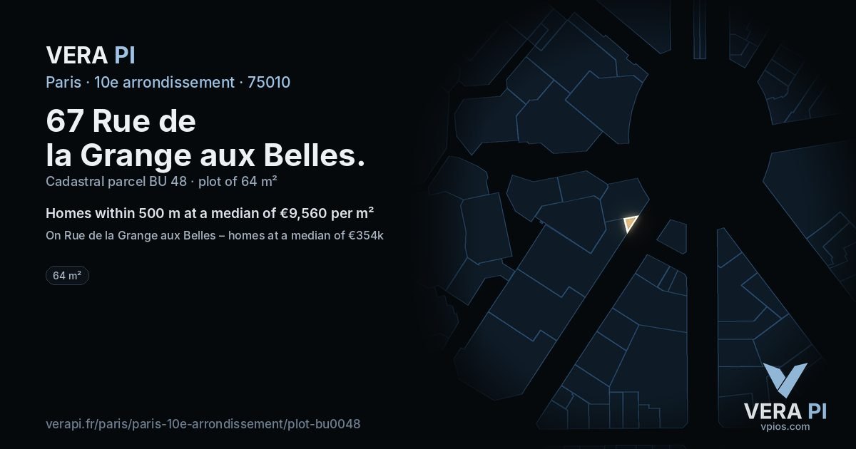 67 Rue de la Grange aux Belles, 10e arrondissement at night – the plot lit, the parcels around coloured by the prices near them