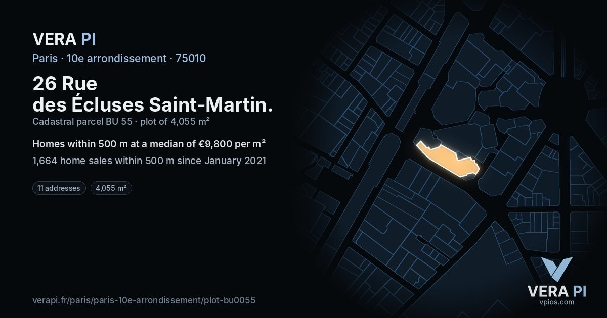 26 Rue des Écluses Saint-Martin, 10e arrondissement at night – the plot lit, the parcels around coloured by the prices near them