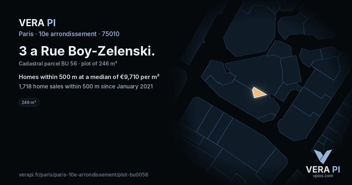3 a Rue Boy-Zelenski, 10e arrondissement at night – the plot lit, the parcels around coloured by the prices near them