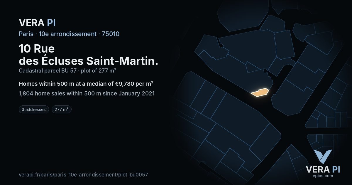 10 Rue des Écluses Saint-Martin, 10e arrondissement at night – the plot lit, the parcels around coloured by the prices near them